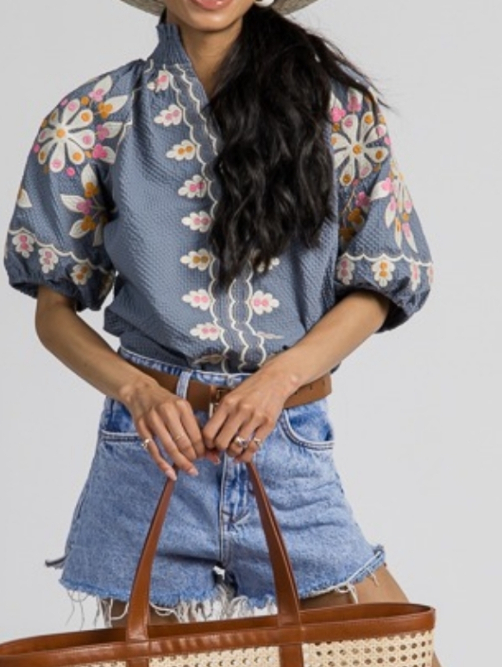 Blue Embroidered Puff-Sleeve Top - Picture 8 of 12